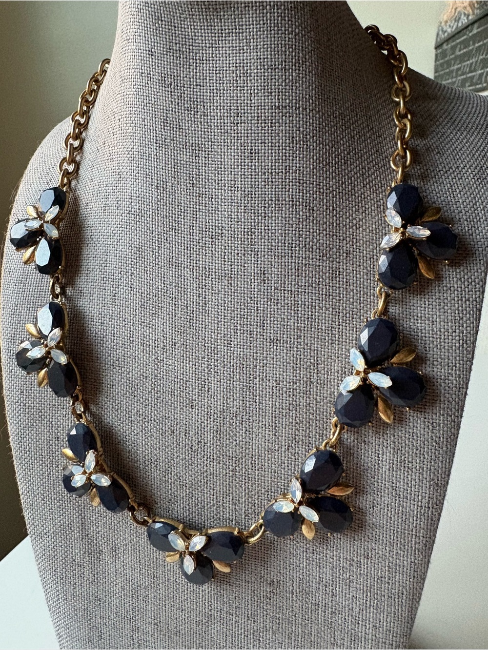 J Crew Statement Crystal Necklace Blue Gold Glam Retro Vintage Looking